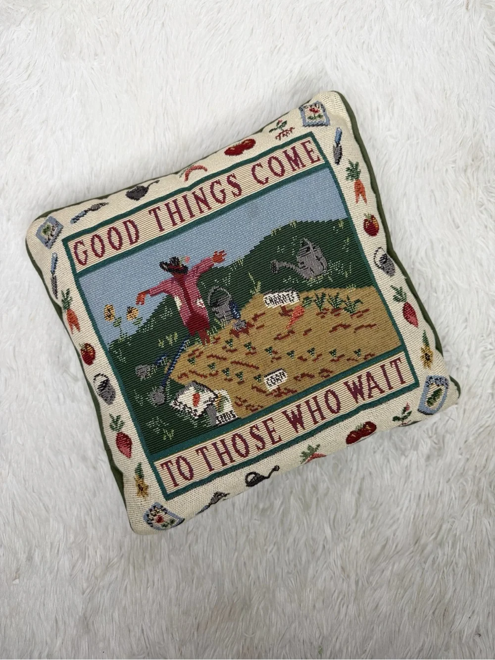 Vintage green tan garden farming veggie themed needlepoint decor throw pillow